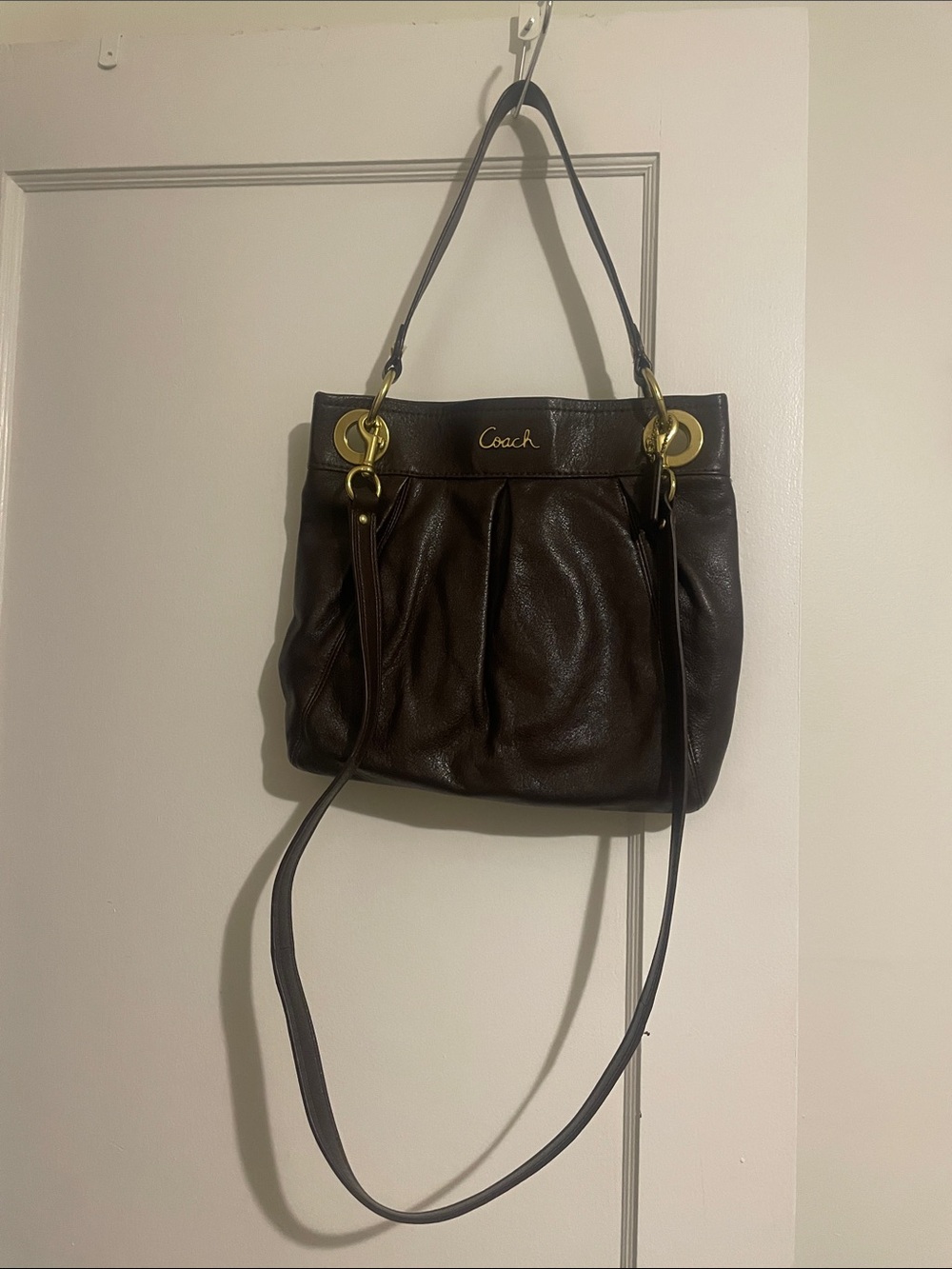 Coach Dark Brown Leather Shoulder Bag with Gold Hardware